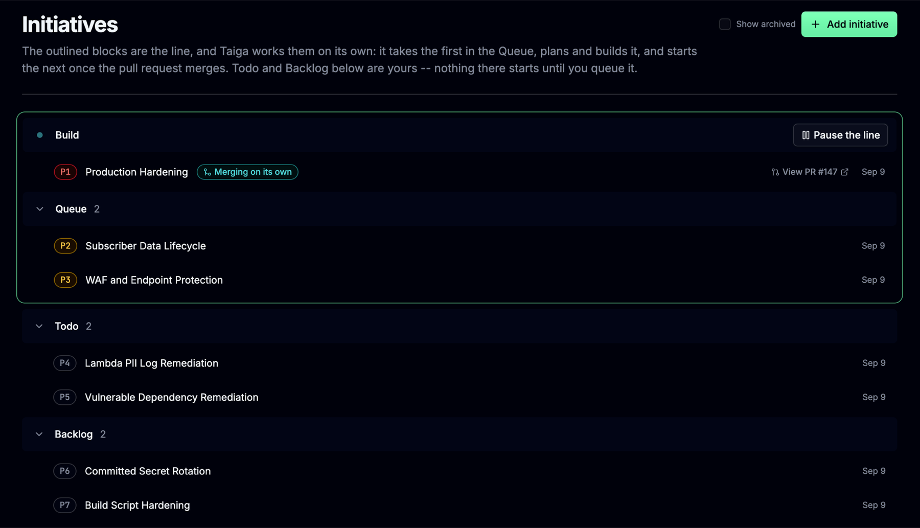 A project's initiatives list: Build holds one initiative marked Merging on its own with a link to its pull request, Queue holds two in order, and Todo and Backlog sit below the outlined line.