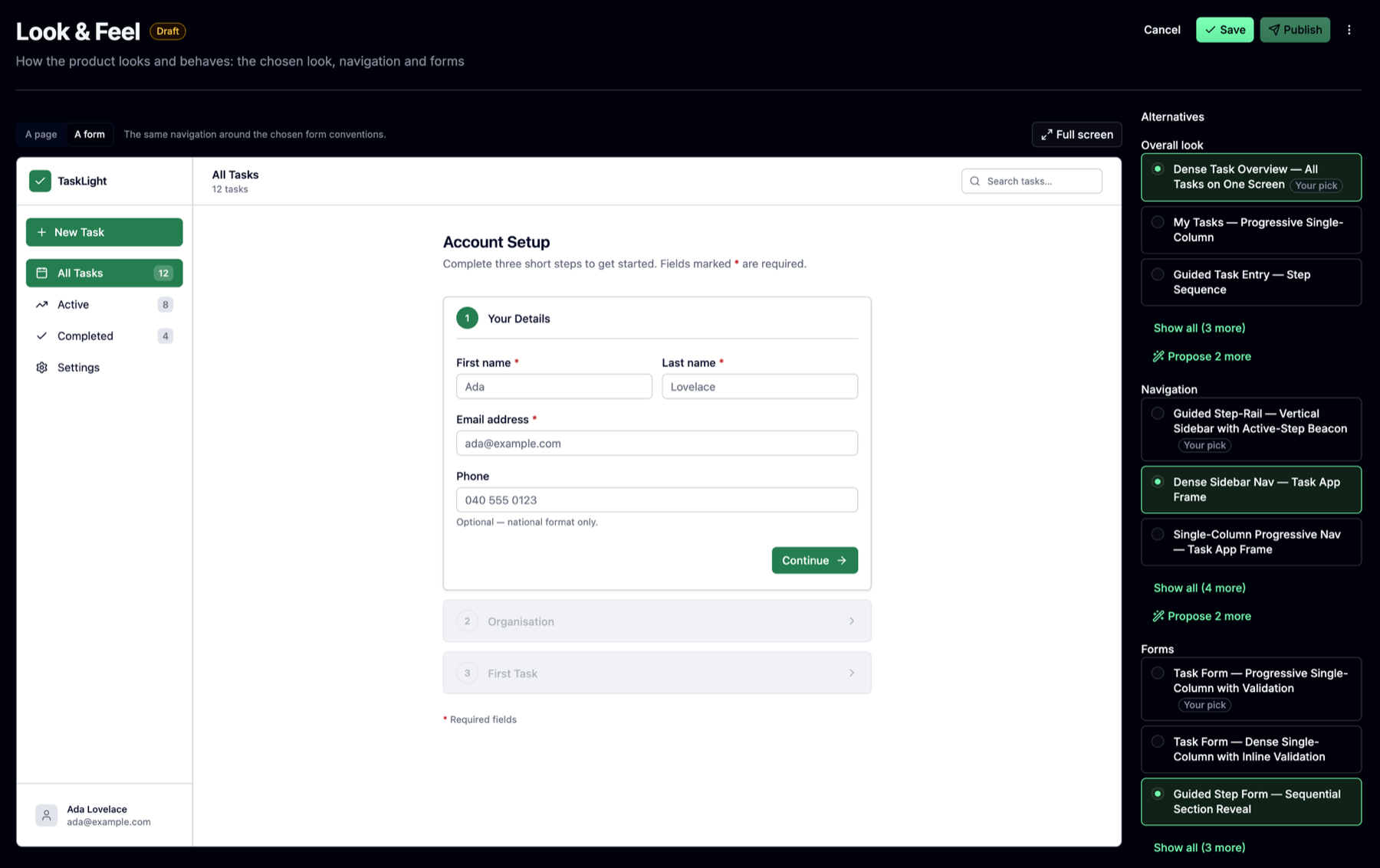 The Look & Feel document in draft: a rendered account-setup form inside the chosen navigation on the left, and a panel of alternatives on the right for the overall look, the navigation and the forms, with Taiga's picks marked and Propose 2 more under each.