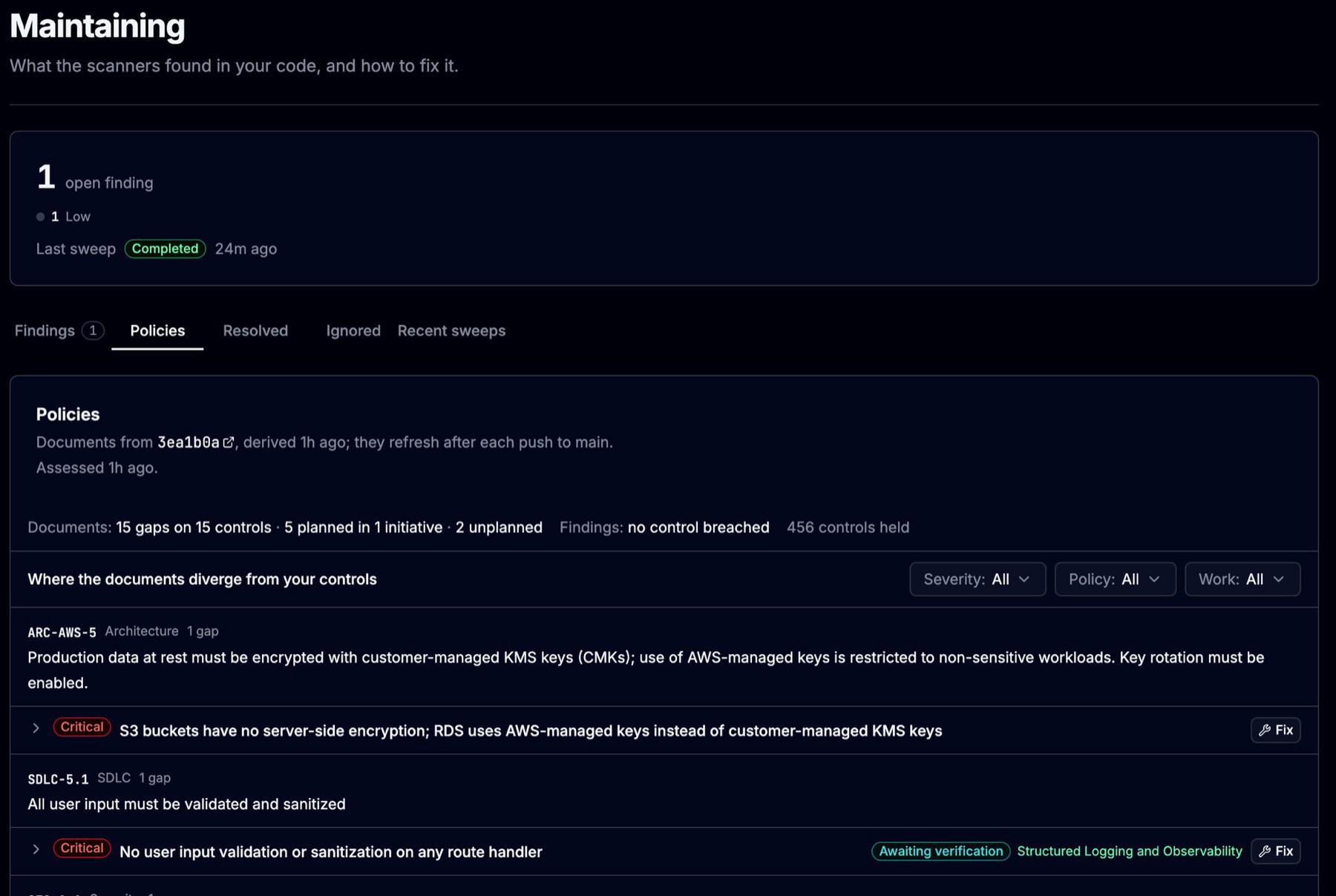 The Policies tab: a header counting fifteen gaps on fifteen controls with five planned in one initiative, then divergences listed under the control sentence each one contradicts, one marked Awaiting verification against the initiative addressing it.