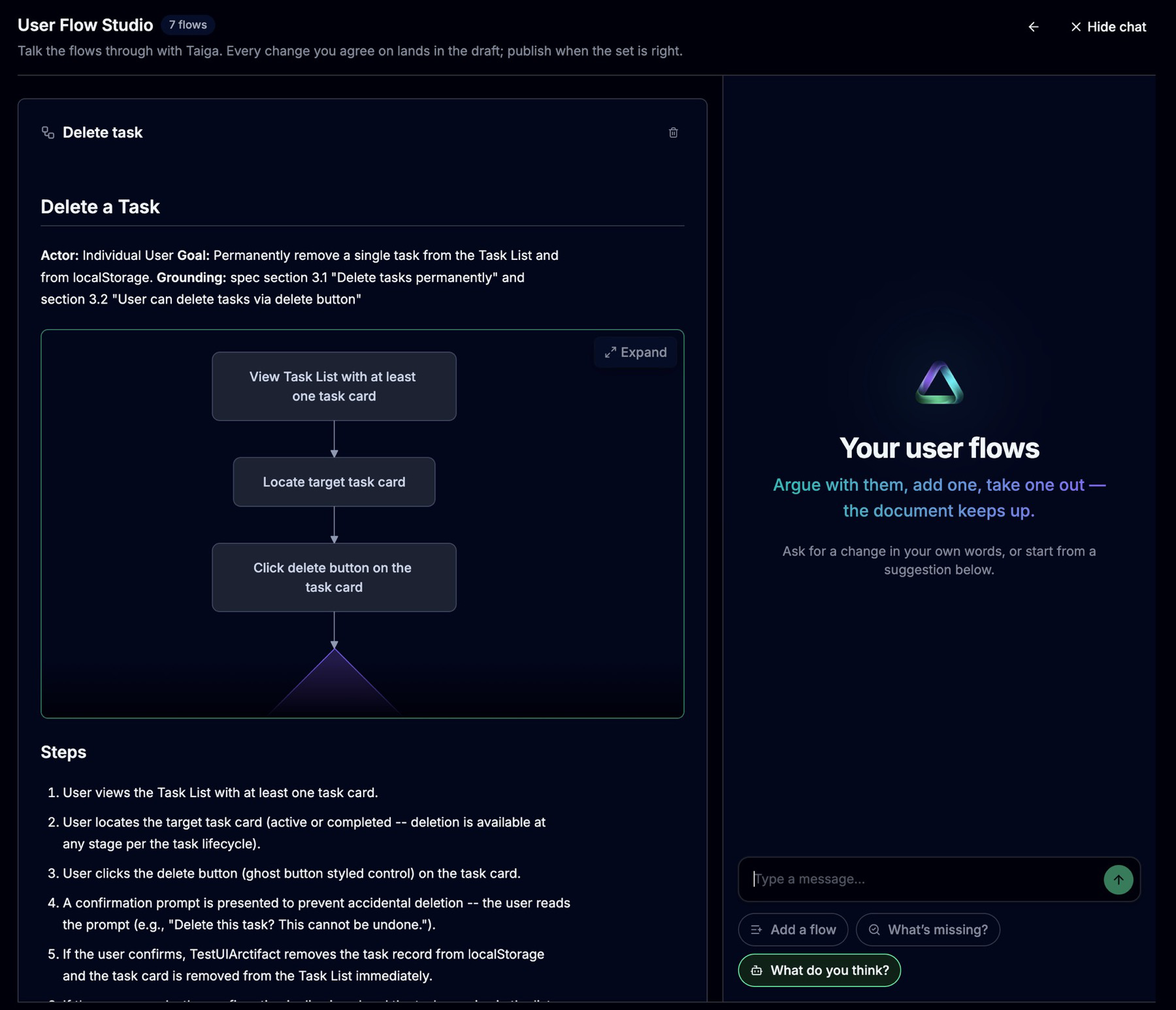 The User Flow Studio: a flow's diagram and numbered steps on the left, and a conversation panel on the right inviting you to add a flow, ask what is missing, or ask what it thinks.