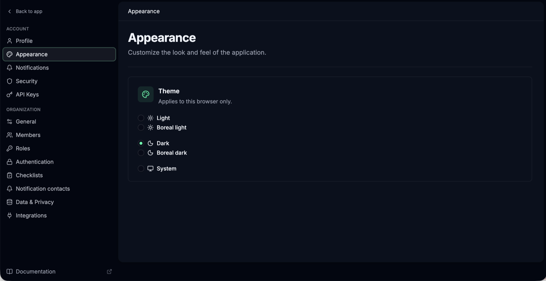 The Appearance settings page in the new shell: the settings navigation on the darker ground at left, the content lifted on a panel at right, and a Theme card listing Light, Boreal light, Dark, Boreal dark and System, with Dark selected.