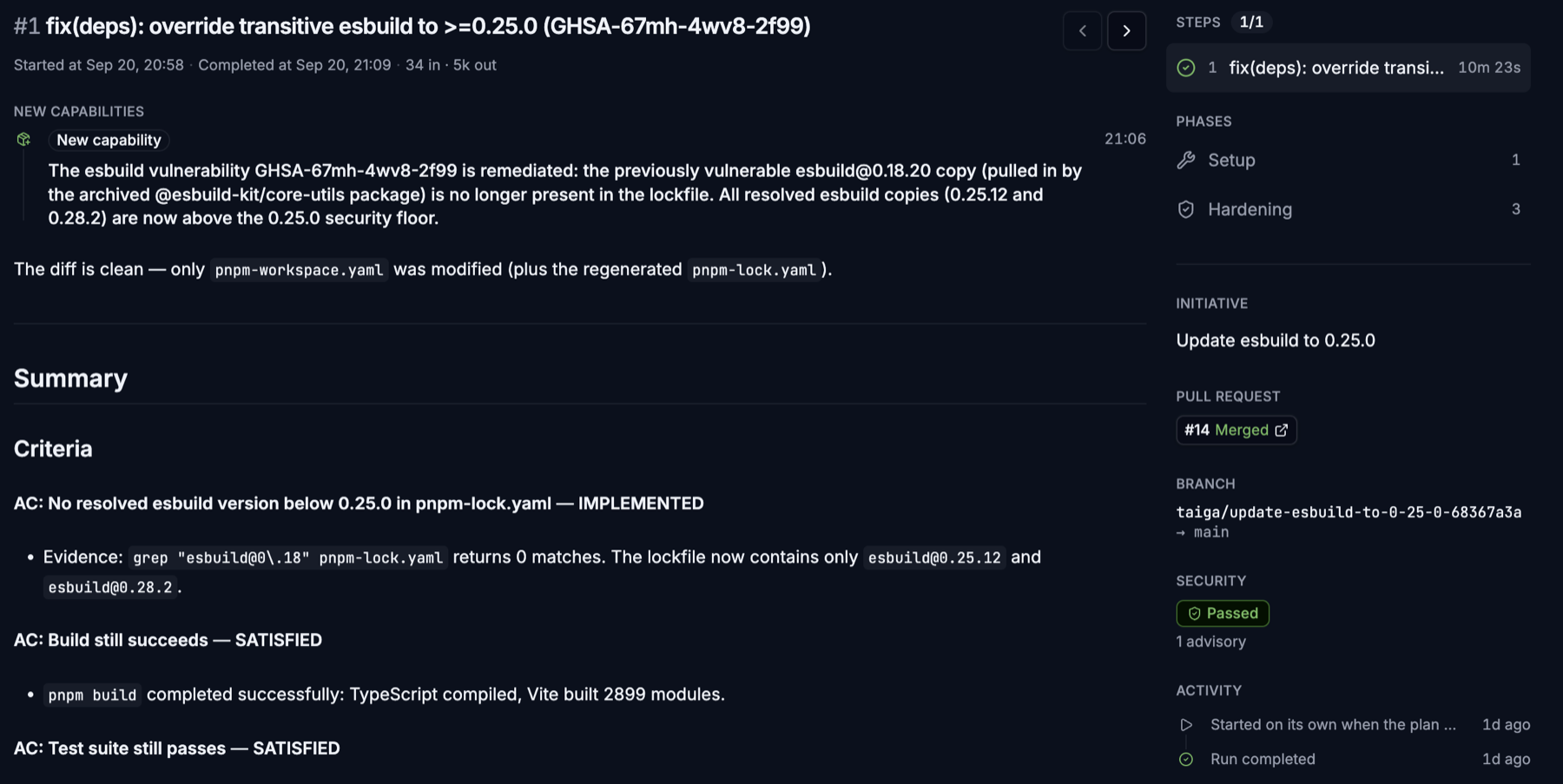A run page for Run #1 of an esbuild security fix: the completed step fills the page with its new capability, a note on the diff, and acceptance criteria with the evidence for each. A sidebar on the right lists the step and its phases, then the initiative, the merged pull request, the branch, a passed security check and the run's activity.