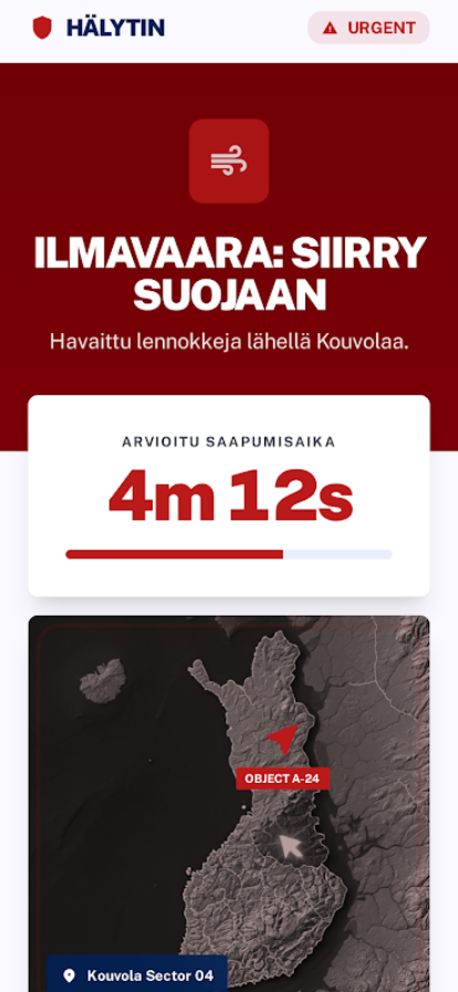 Referenssi-implementaation hälytysnäkymä: ilmavaara, siirry suojaan