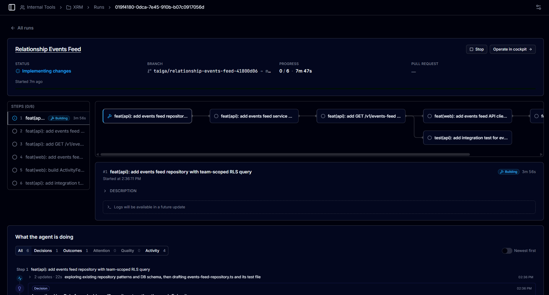 Screenshot of the Taiga platform: Inside the run