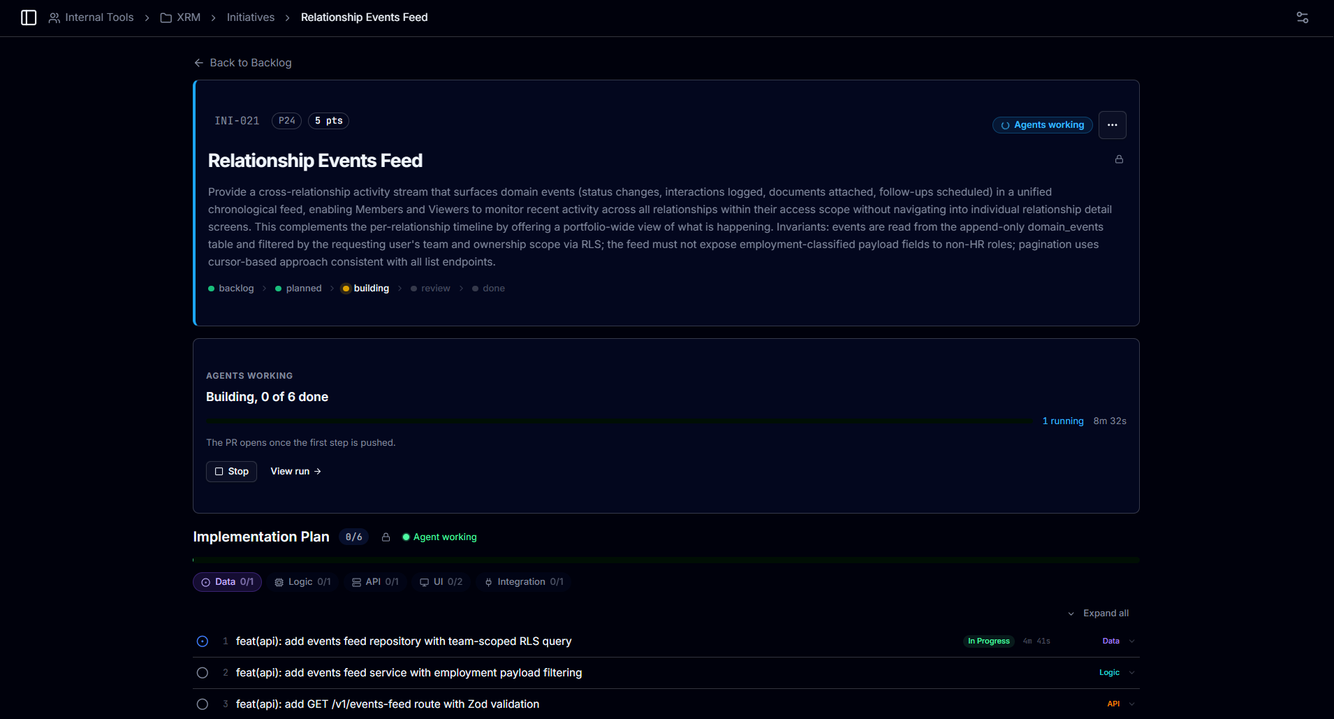 Screenshot of the Taiga platform: Agents working