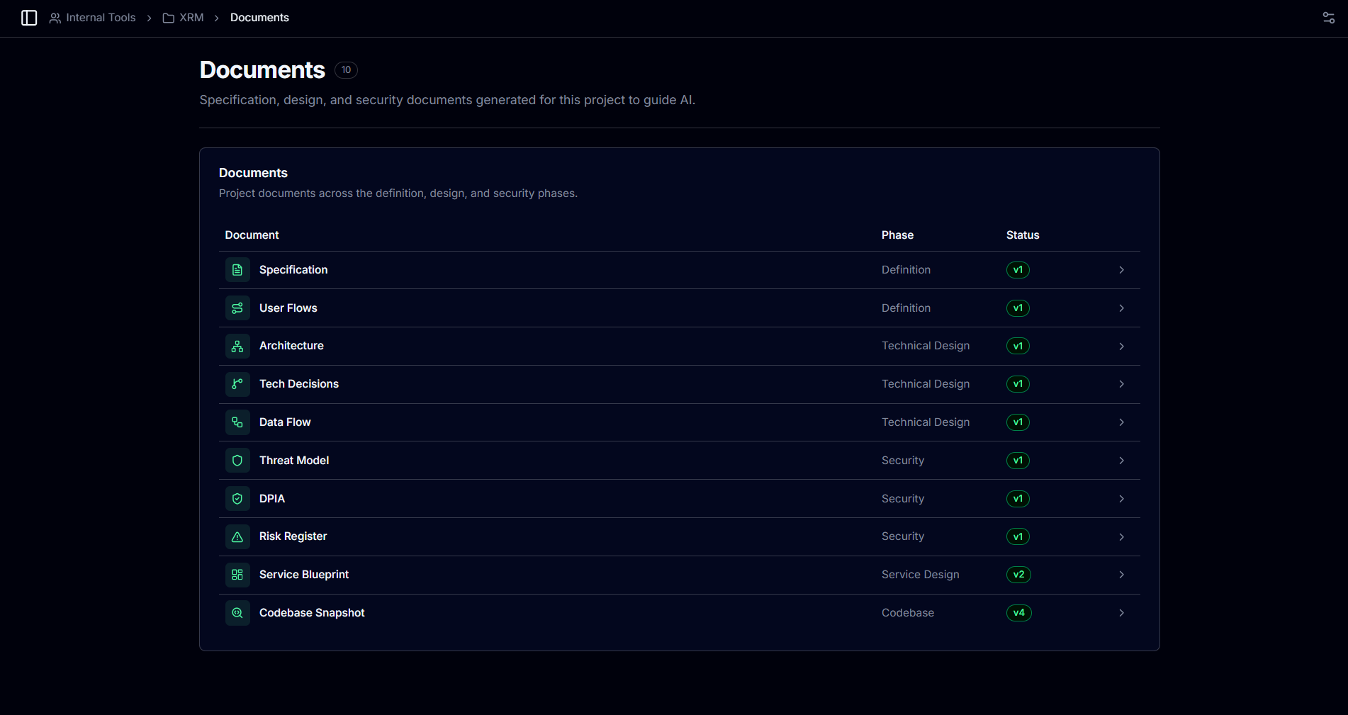 Screenshot of the Taiga platform: The document set