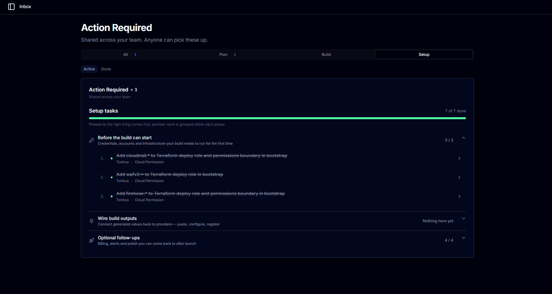 Screenshot of the Taiga platform: Action Required