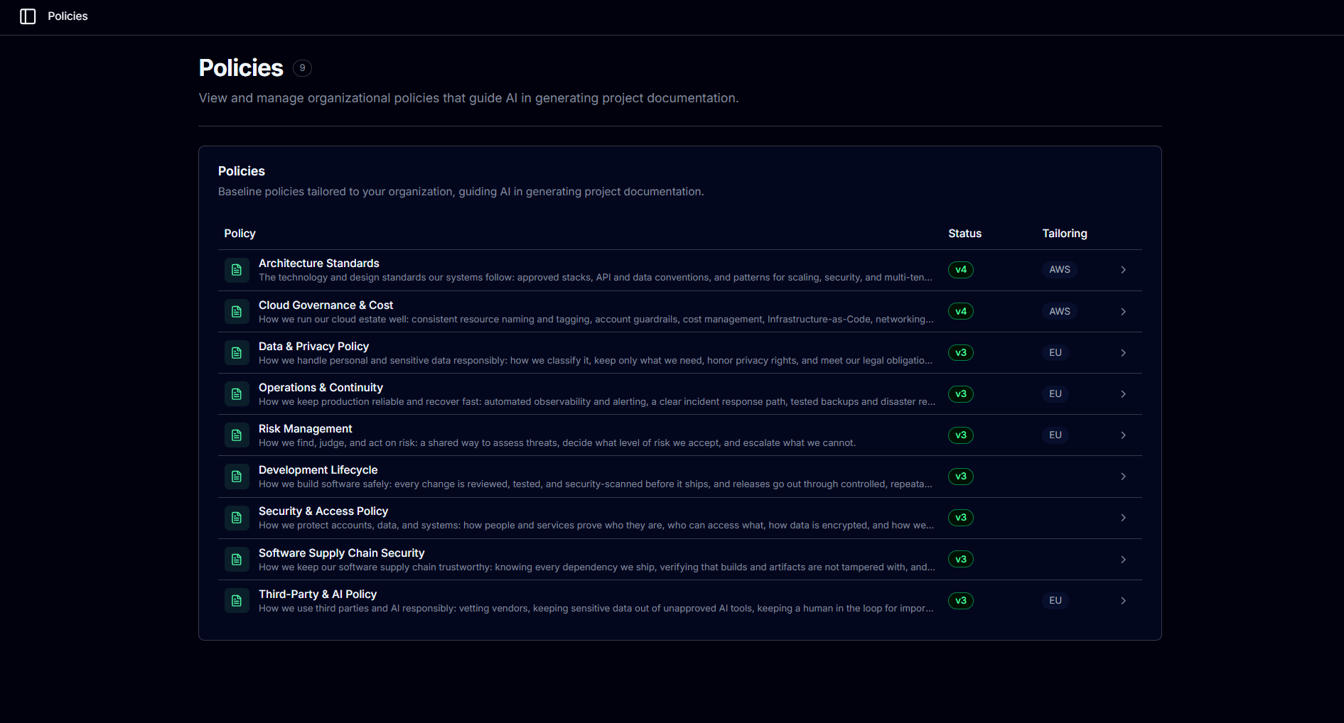 Screenshot of the Taiga platform: Policy engine